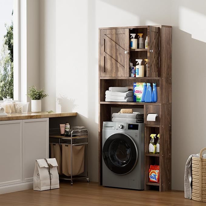Over Toilet Storage Cabinet with Toilet Paper Holder Stand, Freestanding Bathroom Storage Cabinet, Rustic Farmhouse Bathroom Organizer with Adjustable Shelf & Anti-Tipping, Walnut