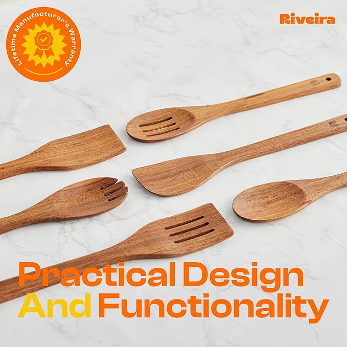 Riveira Teak Wooden Spoons for Cooking Set of 6 – Natural Teak Wooden Cooking Utensils, Wooden Spatula, Wooden Spoon - Premium Quality Utensil Set for Non-Toxic Cooking
