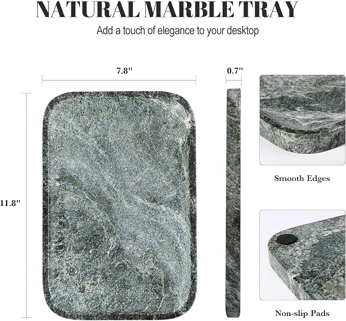 Koville Marble Tray, 12"x8" Natural Marble Vanity Tray for Countertop Bathroom Kitchen Dresser, Marble Catchall Trays for Perfume Jewelry, Decorative Rectangular Tray Home Decor(Green)