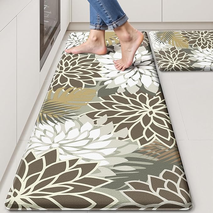 Kitchen Mats for Floor 2PCS Cushioned Anti Fatigue Kitchen Mats Waterproof Non Slip Kitchen Mat Rug Set Comfort Foam Standing Mat for Sink, Laundry, Office,17.3" x 28" + 17.3" x 47", Brown White