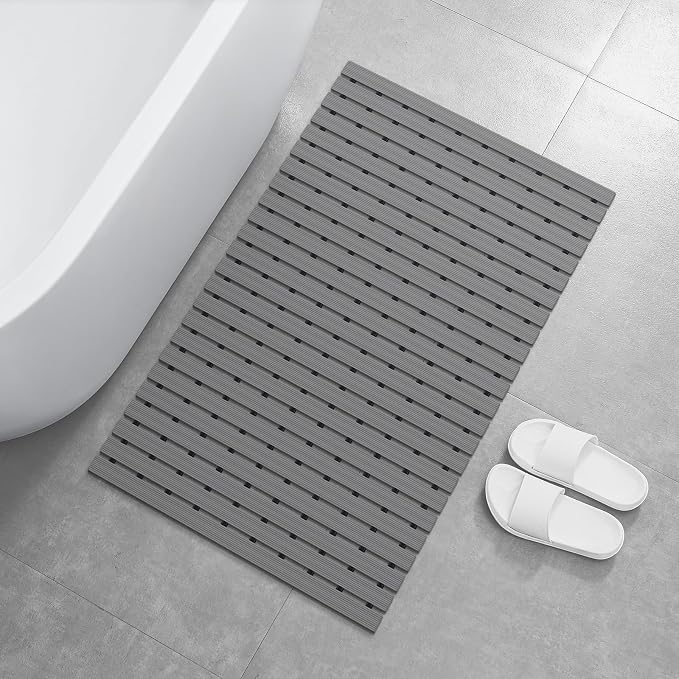 OTHWAY Large Shower Mat, 35.4 x 24 Inch No Suction Cup Shower Mat Non Slip, Quick Drain Large Non Slip Shower Mats for Inside Shower, Heavy Duty Curlable PVC Shower Floor Mat, Dark Grey
