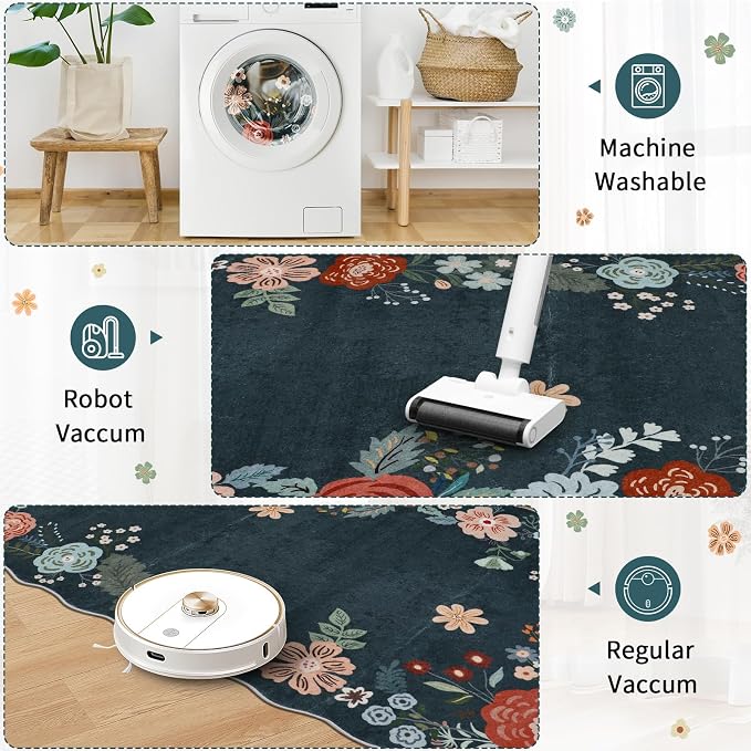 3x6 Runners for Hallways Non Slip, Cute Runner Rug for Room Decoration, Floral Carpet Runner to Walk on, Perfcet for Kitchen, Living Room, Entryway, Bedroom, Bathroom, Dark Green