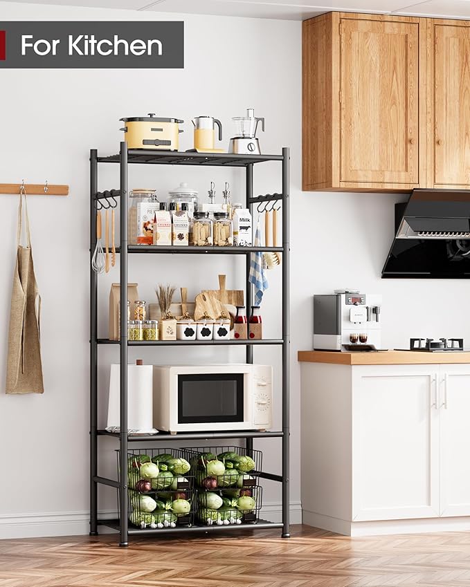 Sakugi Storage Shelves - 5-Tier Large Capacity Shelf Organizer with Hooks, Heavy-Duty Garage Shelving with Leveling Feet, Wobble-Free Rack for Bedroom, Balcony, Garage, 23.6"×13.7"×59", White
