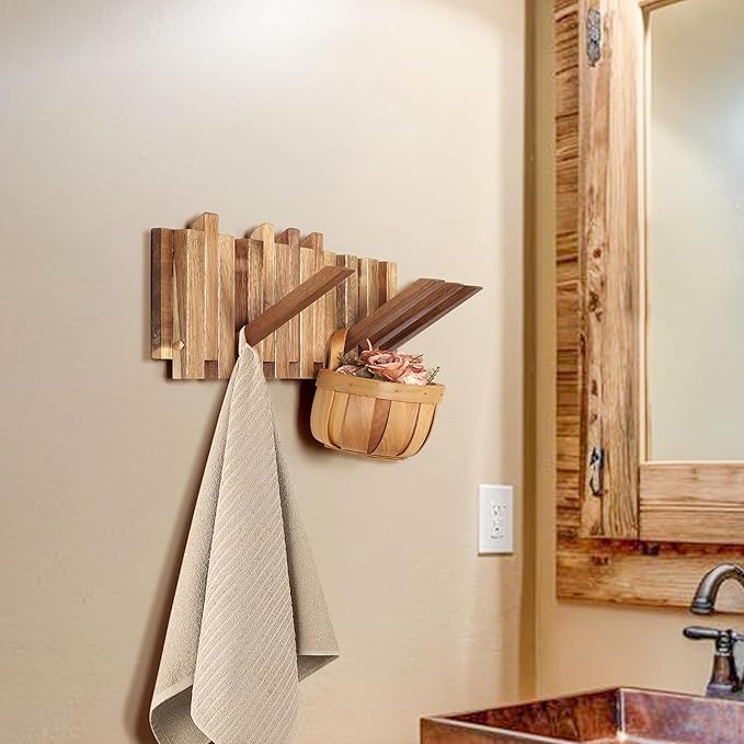 Wall Coat Rack for Entryway: Rustic Wooden Folding 8 Hooks Mount 16.5inch Decorative Piano Hanger for Farmhouse Hallway Bathroom for Towel Backpack Jacket (Staggered Style)