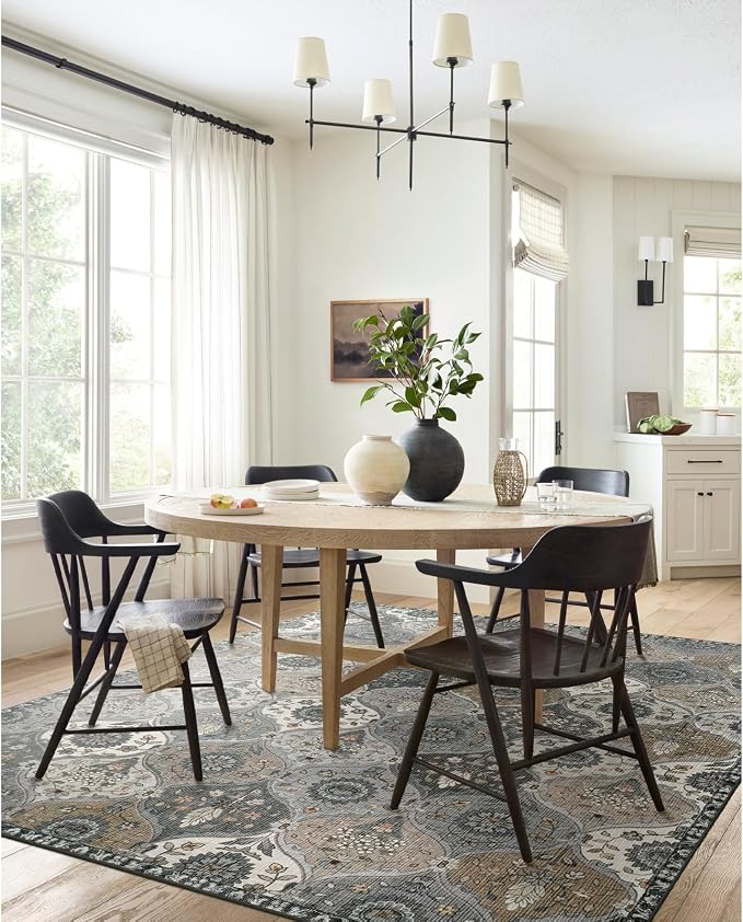 Lahome Moroccan Washable Area Rug 6x9, Ultra-Thin Large Living Room Rugs for Bedroom, Oriental Trellis Distressed Non Shedding Throw Carpet for Dining Room Office Elise, Grey