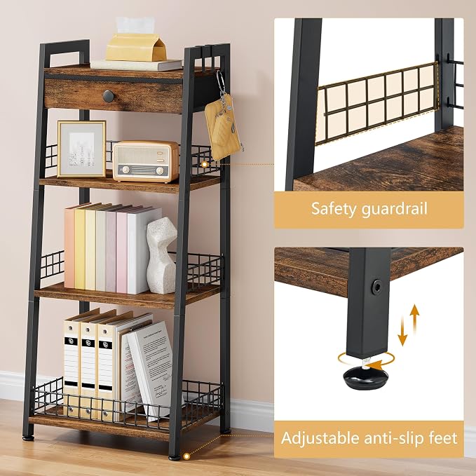 Gewudraw 4-Tier Ladder Shelf with Drawer, Bathroom Table Stand for Small Space, Bathroom Standing Shelves with Storage for Living Room Bedroom Kitchen, Organizer Shelf, Rustic Brown
