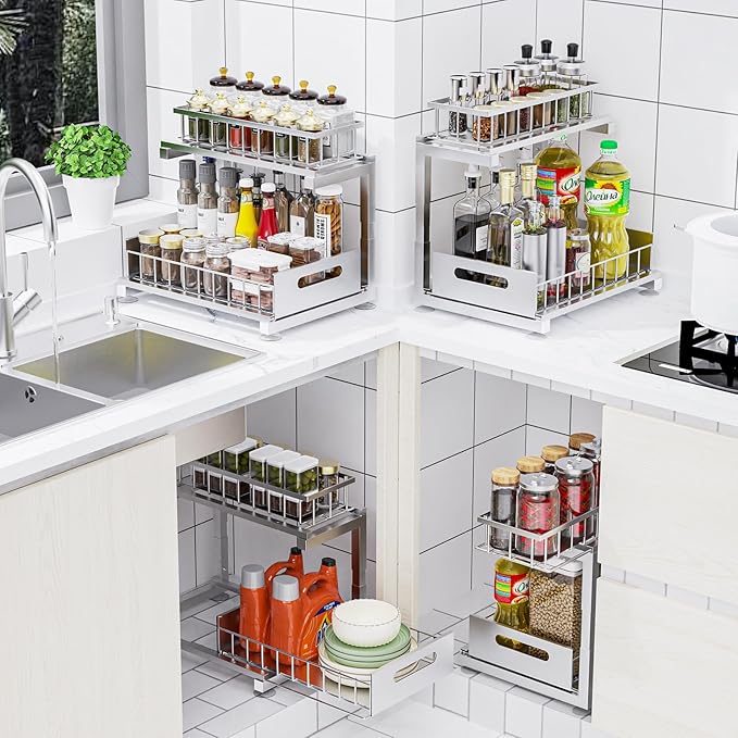 Under Sink Organizer, Heavy Duty Metal Pull Out Cabinet Organizer Slide Out Sink Shelf Organizer Height Adjustable, Multi-Purpose Storage Shelf for Kitchen Bathroom(Sliver,2Pack)