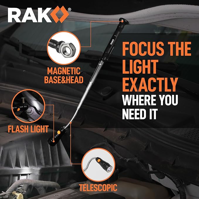RAK Magnetic Pickup Tool Set Gifts for Men - 5Pcs with 360 Swivel Inspection Mirrors, Telescoping Magnet Pickup Tool, Flexible LED Flashlight, Mechanic Tools & Cool Gadgets for Men, Dad, Husband