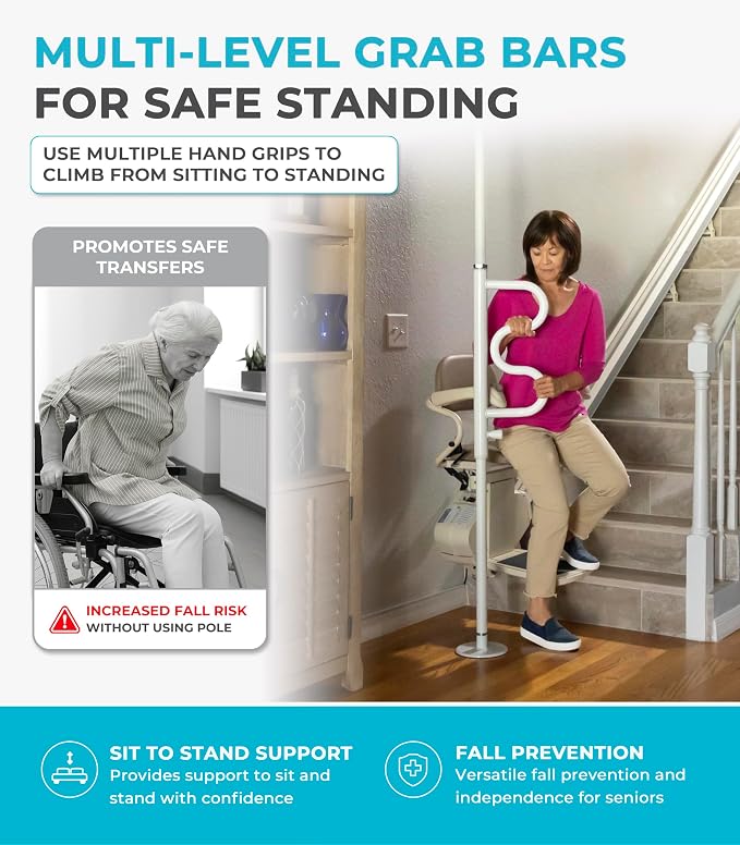 Stander Wonder Pole Plus with Rotating Double Grab Bar, Tension Mounted Security Pole for Seniors & Elderly Adults, No-Drill Floor to Ceiling Transfer Pole for Home & Bath Safety, White