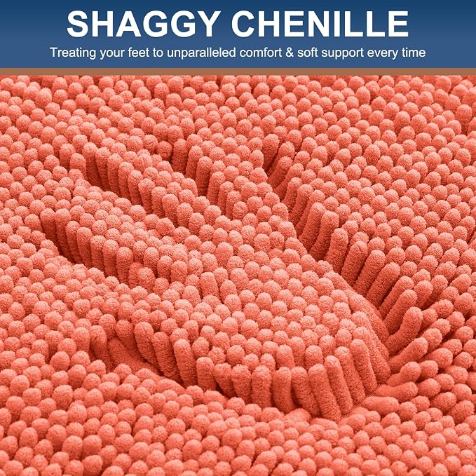 Smiry Luxury Chenille Bathroom Rugs 47x24, Extra Soft and Absorbent Shaggy Bath Mat, Machine Washable, Non-Slip Plush Carpet Runner for Tub, Shower, and Floor, Home Decor Accessories, Coral