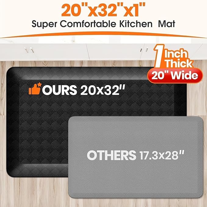StepRite 1” Thick Kitchen Mats for Floor, Anti Fatigue Kitchen Rugs, Non-Slip,Heavy Duty Water Resistant Kitchen Rug, Standing Desk Mat for Friends, Family, Home, Kitchen, Office (32" x 20", Black)