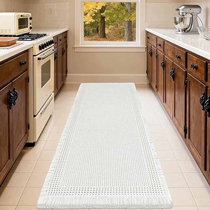 Upgrade Waffle Bath Mat Set 2 Piece, Boho Bathroom Rugs Absorbent Non Slip, Ultra Soft Bathroom Mat, Machine Washable Knit Bath Rugs with Border for Bathroom, Bedroom, Kitchen, Shower, Tub, White
