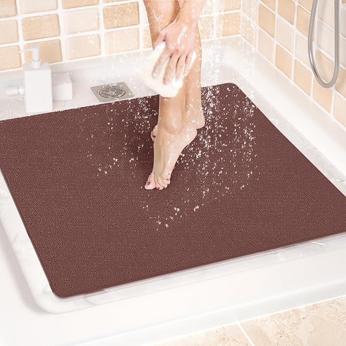 LuxStep Shower Mat Bathtub Mat,24x24 inch, Non-Slip Bath Mat with Drain, Quick Drying PVC Loofah Bathmat for Tub,Shower,Bathroom,Reddish Brown