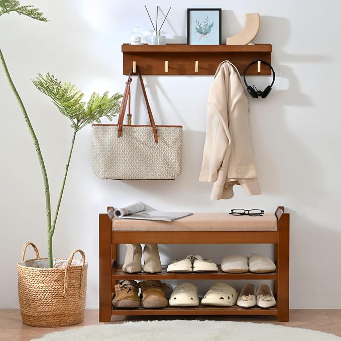 PETKABOO Shoe Rack for Front Door Entrance, 28” Entryway Bench with Coat Rack, Hall Tree Shoe Bench with Storage for Entry, Hallway, Bedroom, Living Room
