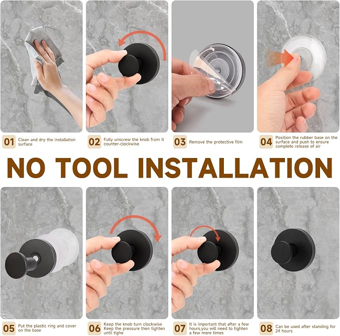 Suction Cup Shower Hooks for Inside Shower – 15 LB Heavy-Duty No-Drill Towel Hooks, Removable & Reusable for Towels, Robes & Loofah, Waterproof for Glass & Tile(4 Black)