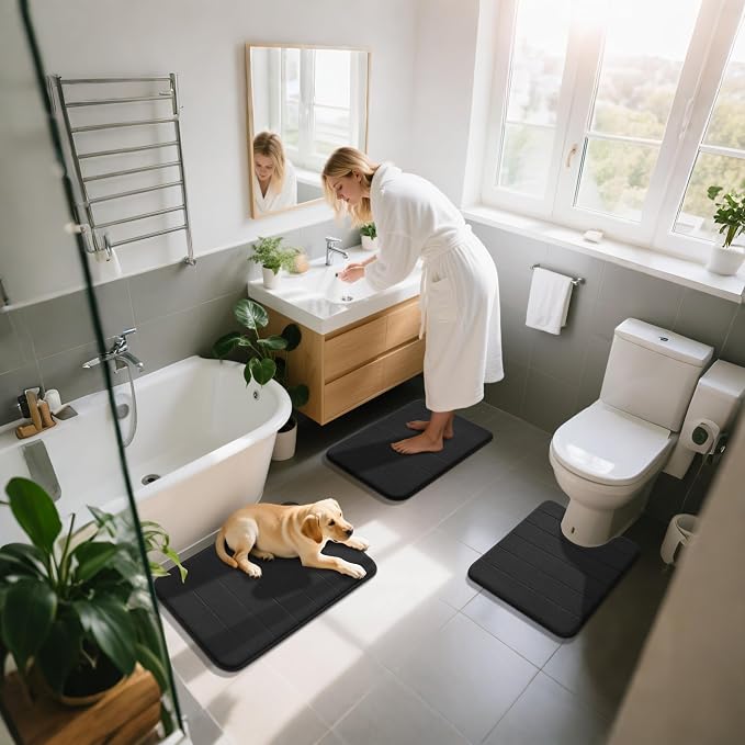 Yimobra Memory Foam Bath Mat Set 3 Pieces- Super Soft Absorbent Quick Dry Bathroom Rug Sets, Machine Washable Non Slip Floor Carpet for Tub Shower, Vanity & Toilet Base, Black