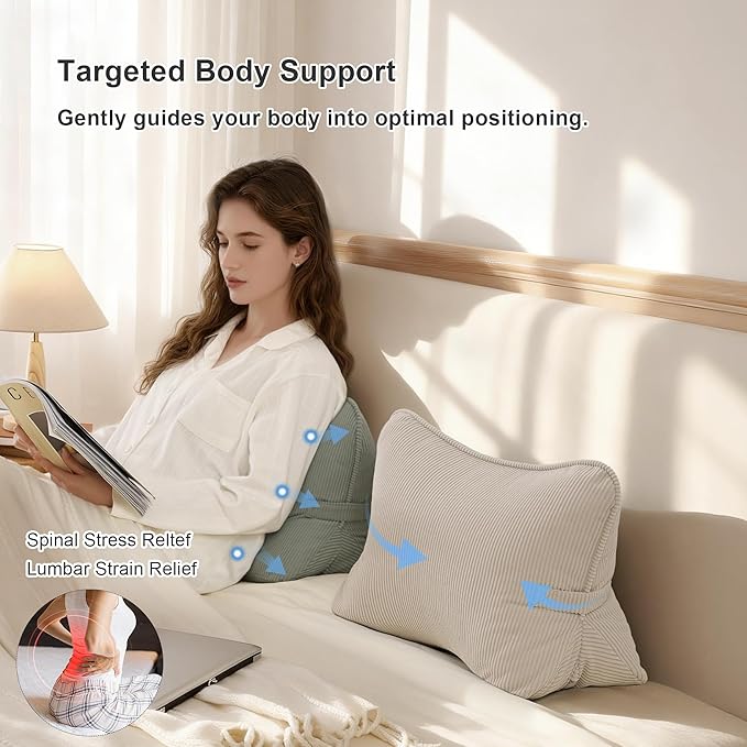 Pat. Pend. Corduroy Lumbar Support Back Pillow for Sitting Up & Reading, Ergonomic Triangle Back Support Cushion for Sofa, Armchair & Bed, Removable Washable Cover, Grey Green