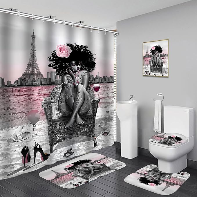 5Pcs Black Girly Bathroom Sets with Rugs and Wall Painting, Pink and Black African American Shower Curtain Set with Rugs, Parisian-Style Modern Wall Decor, Bathroom Shower Curtain and Rug Set