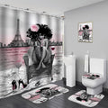 5Pcs Black Girly Bathroom Sets with Rugs and Wall Painting, Pink and Black African American Shower Curtain Set with Rugs, Parisian-Style Modern Wall Decor, Bathroom Shower Curtain and Rug Set