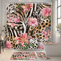 4 PCS Leopard Floral Shower Curtain Set 72Wx72H,Toilet Lid Cover,Non-Slip Rugs and U-Shaped Mat, Zebra Print Flower Bathroom Sets with Rugs Shower Accessories 12 Hooks for Bathroom Decor