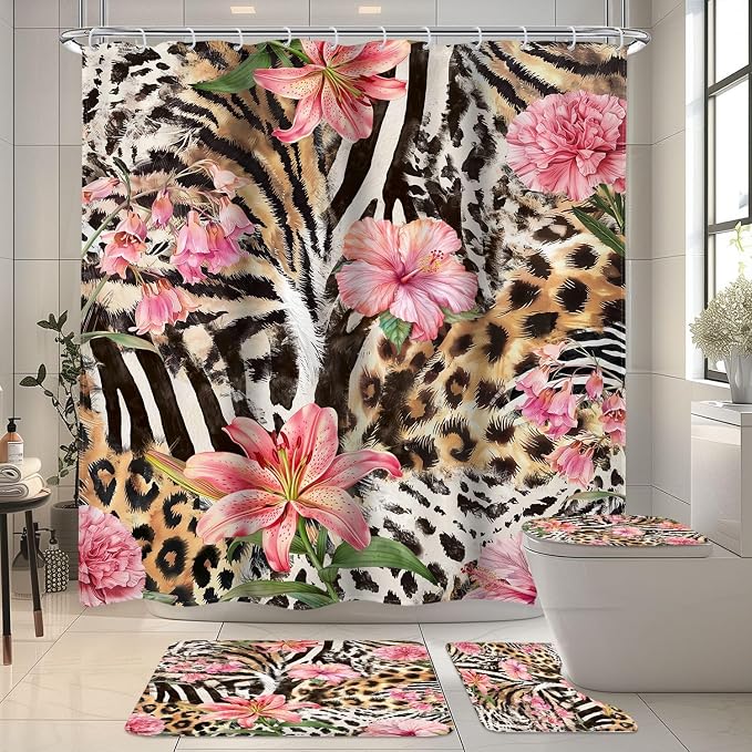 4 PCS Leopard Floral Shower Curtain Set 72Wx72H,Toilet Lid Cover,Non-Slip Rugs and U-Shaped Mat, Zebra Print Flower Bathroom Sets with Rugs Shower Accessories 12 Hooks for Bathroom Decor