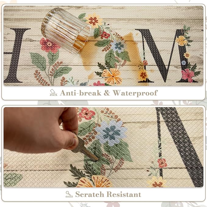 KIMODE Anti Fatigue Kitchen Mats for Floor 2 Piece,Farmhouse Floral Rugs Cushioned,Comfort Memory Foam Carpet Non Slip for Sink Laundry Office Bathroom,Beige 17"x47"+17"x29"