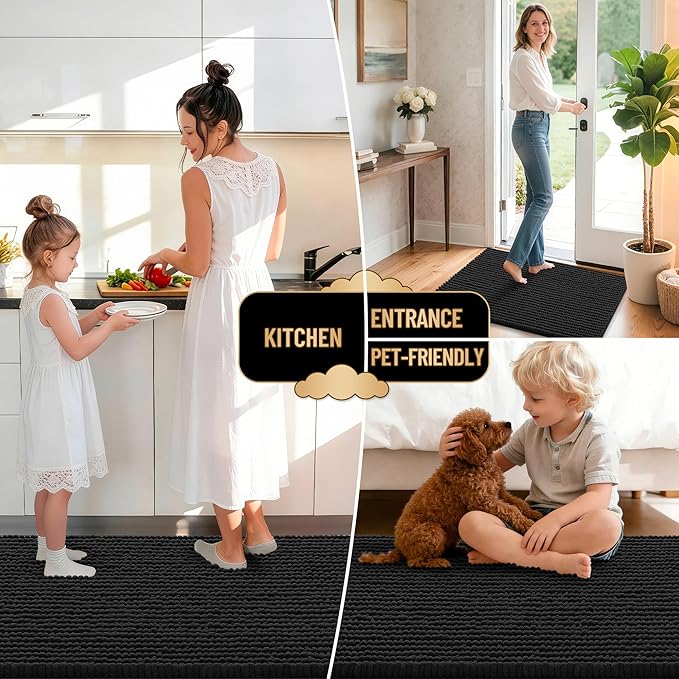 OLANLY Thick Large Bathroom Rugs 59x35, Extra Soft Absorbent Chenille Bath Rugs, Rubber Backing, Machine Wash Dry, Bath Mats for Bathroom Floor, Tub and Shower, Home Decor Accessories, Black