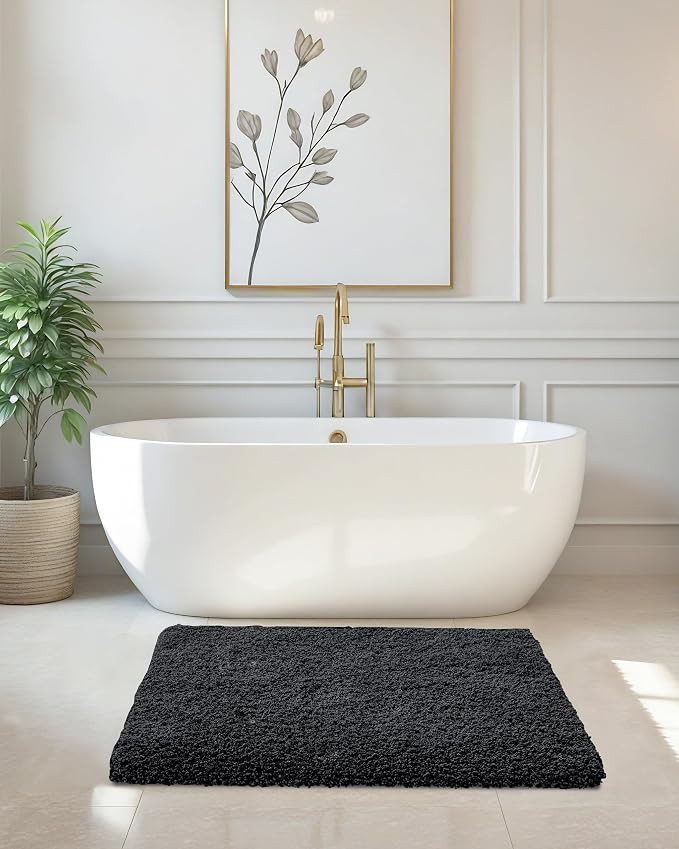 ILANGO Black Bathroom Rugs 36" × 24" Non Slip & Super Absorbent Extra Thick Soft, Washable Bath Mat for Floor, Microfiber Plush Shaggy Bath Rug with Rubber for Bathtub Shower Room Sink
