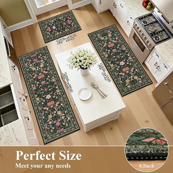 HEBE Boho Kitchen Rugs Sets of 3, Non Slip Washable Kitchen Mats for Floor, Farmhouse Kitchen Carpet Runner Rug Set for Sink, Stove, Laundry Room & Hallway