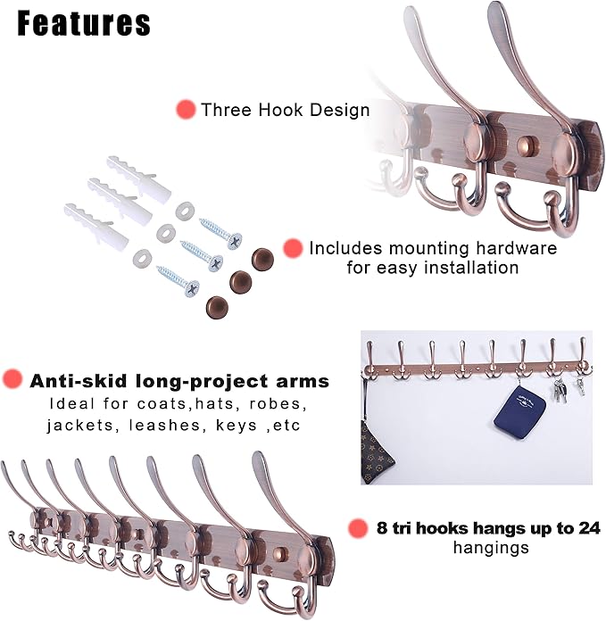 Dseap Coat Rack Wall Mount - 29.5” Long 8-Tri-Hooks Heavy Duty Coat Hanger Rail Wall Hooks for Hanging Coats Hats Clothing Clothes Purse Mudroom Entryway, Pack of 2