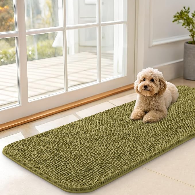 OLANLY Dog Door Mat for Muddy Paws 47x17, Absorbs Moisture and Dirt, Absorbent Non-Slip Washable Doormat, Quick Dry Chenille Mud Mat, Entry Indoor Entryway Carpet for Inside Floor, Willow Green