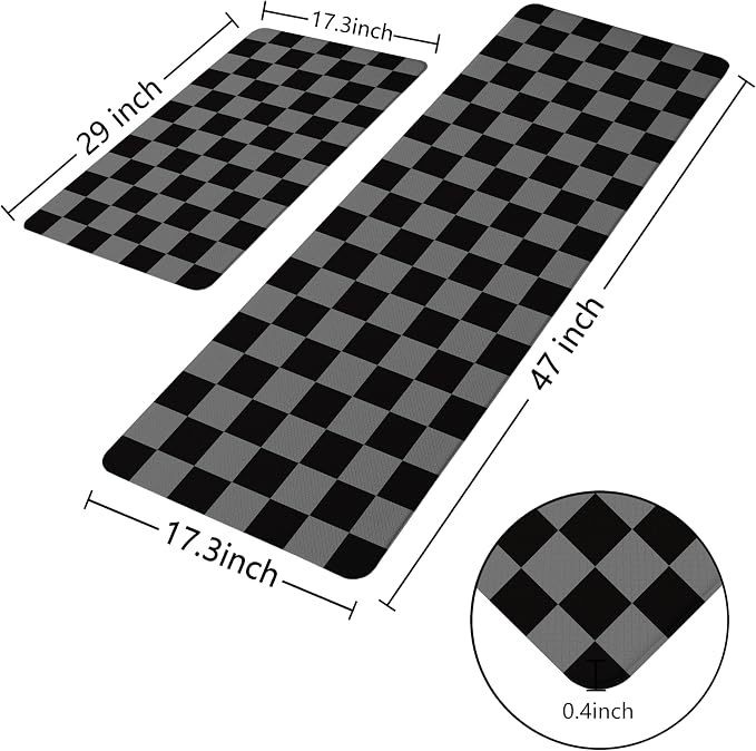 Black Grey Checkered Grid Checkerboard Kitchen Rug Sets [2 PCs], Anti-Fatigue, Waterproof Non-Slip Kitchen Mats Heavy Duty Comfort Foam Rug for Kitchen, Floor, Laundry,17"x29"+17"x47"