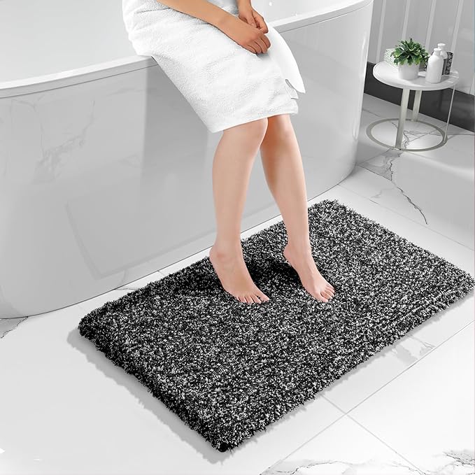 Yimobra Black and White Bathroom Rugs, Luxury Fluffy Bath Mats, Non Slip, Water Absorbent Microfiber, Machine Washable, Plush Runner Carpet Shower Rugs, Thick Matts for Bathroom Floor&Tub, 44" X 24"