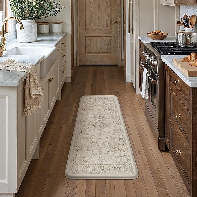 Thick Anti Fatigue Kitchen Mats 2PCS Beige Neutral Cushioned Vintage Floor Mat Non-Slip Waterproof Comfort Standing Rug for Sink Laundry Office 17.3"×47"+17.3"×30" (0.47inch)