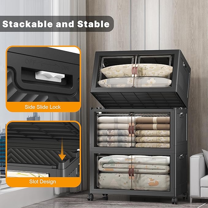 UAMFURI Stackable Storage Bins with Lids & Wheels & Door, Foldable Collapsible Closet Organizers, Extra Large Plastic Storage Drawers for Bedroom Dorm Office Garage (Dark-175QT, 3Pack with 1 top lid)