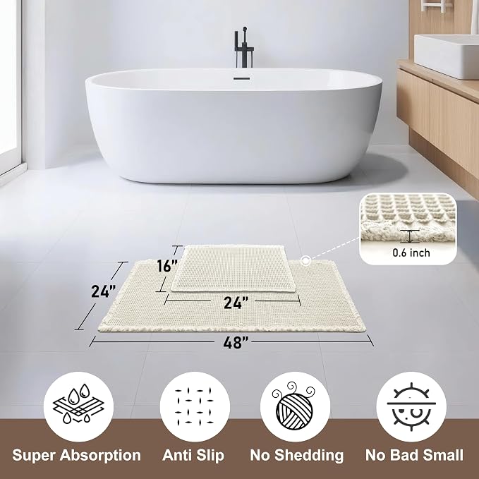 JIUZHEN Set of 2 Waffle Bath Mats Non Slip Waffle Bathroom Runner Rug Washable Boho Runner Bath Rugs Super Absorbent Shower Mat for Bathroom Kitchen Hallway Laundry, 16" x 24" +24" x 48", Ivory