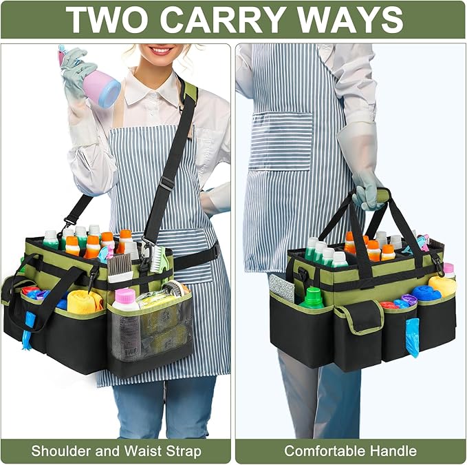 Cleaning Caddy,Large Cleaning Bags for Housekeepers,Cleaning Supplies Organizer with Handle,Green