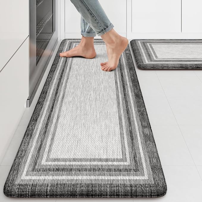 KIMODE Anti Fatigue Kitchen Mats for Floor 2 Piece,17"x47"+17"x29" Farmhouse Kitchen Rugs Non Slip Rubber Backing,Waterproof Cushioned Standing Mat for Home Decor,Office,Laundry Room,Sink,Desk,Grey