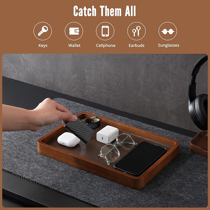 ProCase Wooden Valet Tray for Men, Wood Catch-All EDC Organizer, Fathers Day Gift, Nightstand Entryway Bedside Dump Holder for Wallets, Keys, Watches, Phones, Loose Change, Trinkets -DarkBrown