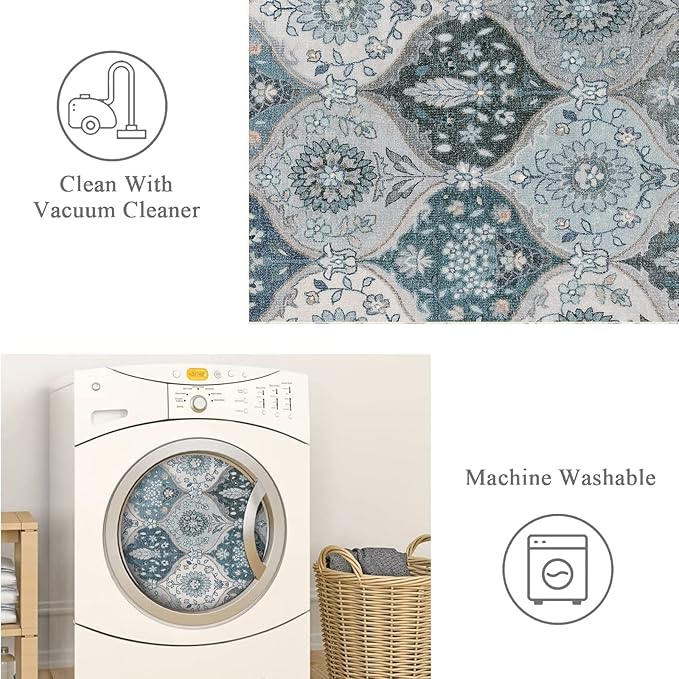 Lahome Moroccan Washable Runner Rug, 2'5''x8' Ultra-Thin Vintage Kitchen Runners for Hallways, Oriental Non-Slip Hallway Rug Carpet for Entryway Bedroom Laundry Room Foyer Elise, Blue