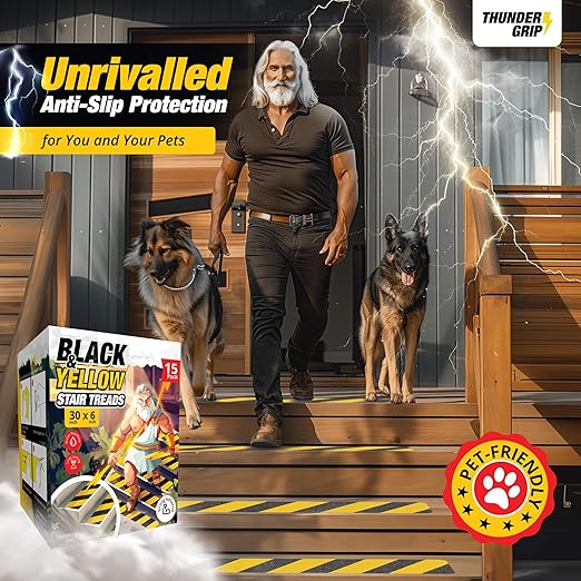 Black and Yellow Non Slip Strips for Steps 30" x 6" 15-Pack Outdoor Stair Treads - Waterproof Anti Slip Grip Tape for Safety Walk - Strong Adhesive Caution Tape for Floor and Ramps by Thunder Grip