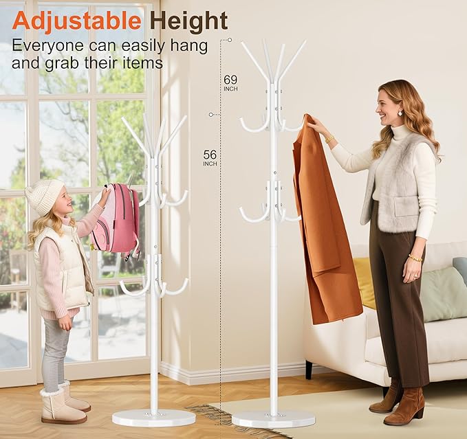 MISSLO Heavy Duty Coat Rack Freestanding with Stable Wood Base Modern White Coat Tree with 12 Hooks Adjustable Coats Hanger Stand Stylish Standing Clothes Tree for Entryway Bedroom Corner Hall