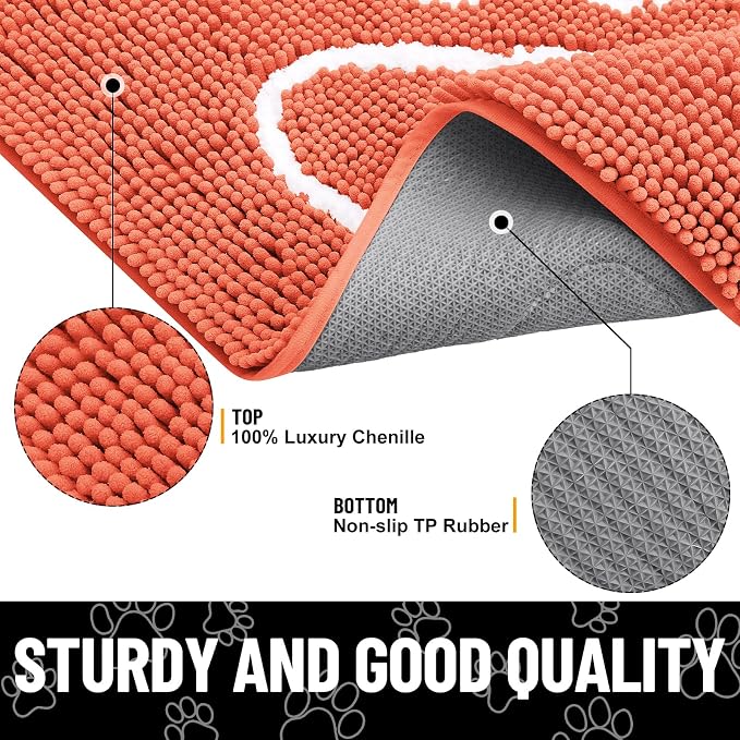 Smiry Dog Door Mat for Muddy Paws, Absorbent Dirt Trapper Non Slip Quick Dry Washable Chenille Mat for Mud Dogs, Entry Rug for Indoor and Outdoor (30x20 Inches, Coral and White)