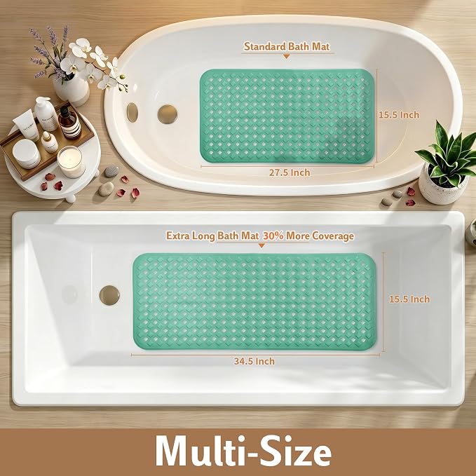Yimobra Bathtub Mat Non Slip, 35"X16" Shower Mat with Strong Suction Cups&Drain Holes, Long Anti Slip Bath Tub Mat for Inside Shower, Machine Washable Fast Drying, Bathroom Essentials, MARRS Green