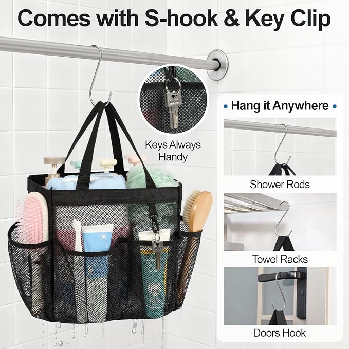 F-color Mesh Shower Caddy Portable with Dividers - Upgrade Deeper 7 Pockets Dorm Room Essentials with S Hook, Shower Bag Basket Tote for Guys Girls College Camping Toiletry Bathroom, Black