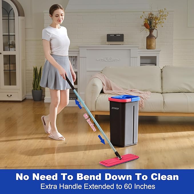 JOYMOOP Flat Mop System, Microfiber Mop and Bucket Set, Black, Floor & Wall Cleaning Mop for Home & Commercial Use, 60" Long Handle, Includes 5 Washable Pads