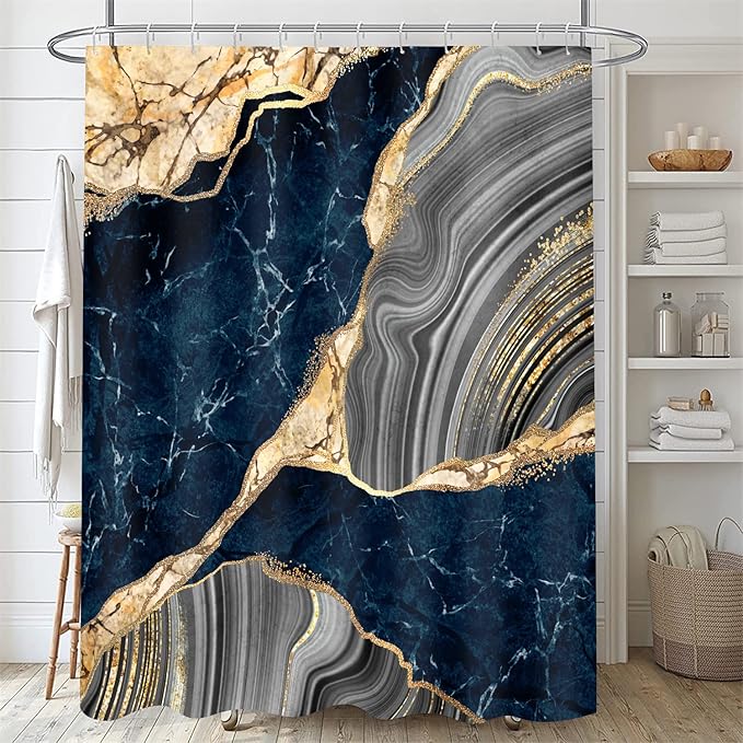 Nkzply 4 Pcs Blue Marble Shower Curtain Sets with Rugs Gold Bathroom Sets with Shower Curtain and Rugs Modern Abstract Grey Bathroom Accessories Decor Toilet Lid Cover and 12 Hooks