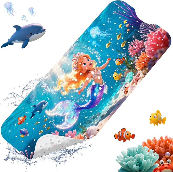 XIYUNTE Baby Bath Mat for Tub Non Slip Kids, BPA Free Extra Long Bathtub Mat 40x16 with Drain Holes and 200 Suction Cups, Non Toxic Machine Washable Toddler Bath Mat, Eco-Friendly Certified