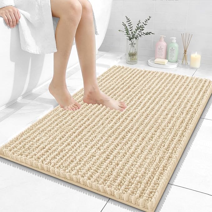 OLANLY Bathroom Rug Mat 36x24, Thick Soft and Absorbent Chenille Bath Mat, Non-Slip Rubber Backing, Machine Washable Quick Dry Bath Rugs for Tub Shower Floor, Home Decor Accessories, Beige