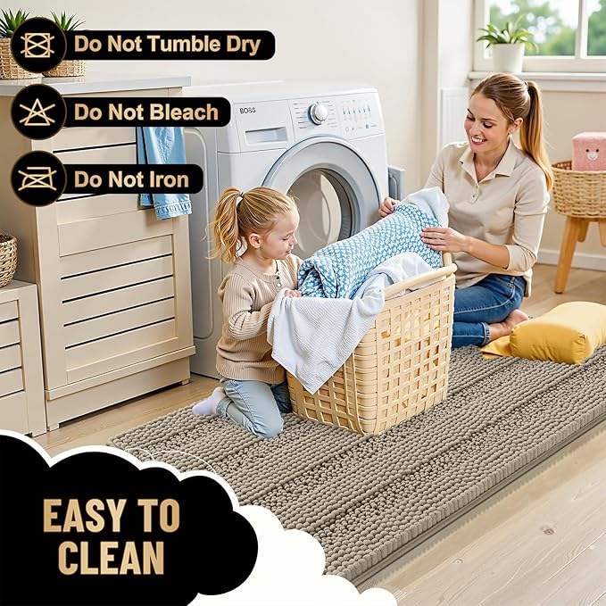 OLANLY Thick Bathroom Runner Rugs 44x24, Extra Absorbent Chenille Striped Bath Rugs, Rubber Backing, Machine Wash Dry, Long Bath Mats for Bathroom, Tub and Shower, Home Decor Accessories, Warm Taupe